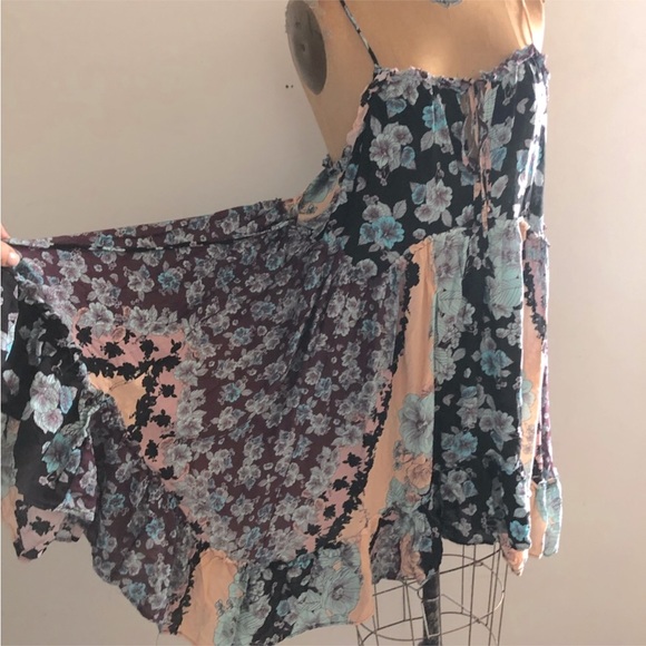 Free People] Purple Blue flower prints Cut edge Slip Dress - Picture 1 of 10